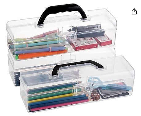 Stationery Storage Organiser Painting Tool Storage Container for Pencils Markers Sticky-Notes Craft Supplies 3 Pack Long Plastic Pencil Box Portable Clear Home Utility Boxes with Black Handle