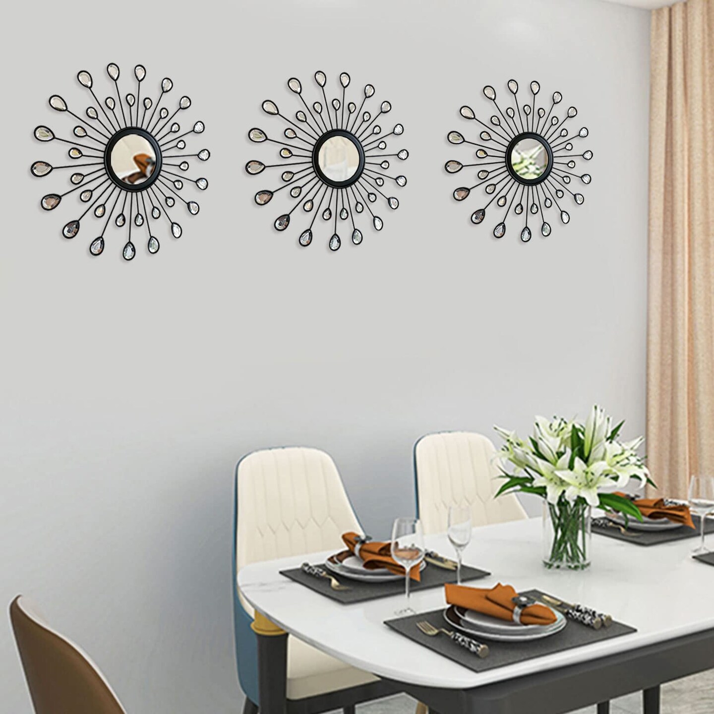 3 Pack Metal Wall Mirrors Rhinestones Starburst Mirror Set Bling Home Decorative Hanging Wall Art for Living Room Bedroom-Water-Drop Burst Black