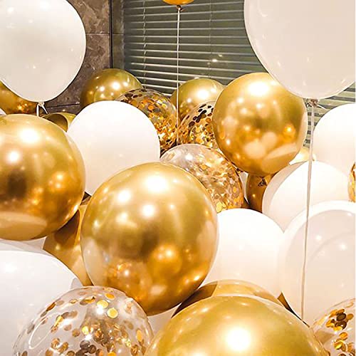 50 Pieces White and Gold Confetti Latex Balloons, 12 inch gold and white Party Balloons with Ribbons for Birthday Graduation Wedding Bridal Shower Party Decoration
