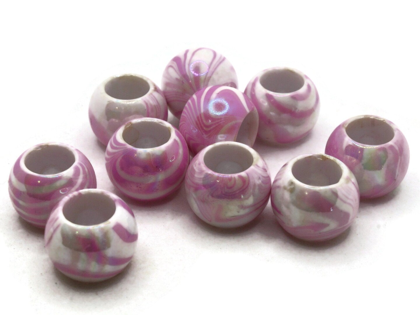 10 17mm Large Hole Macrame Pink Marbleized Round Plastic Beads