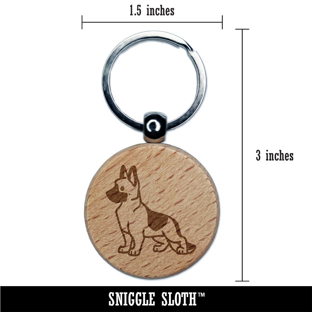 German Shepherd Standing Dog Engraved Wood Round Keychain Tag Charm