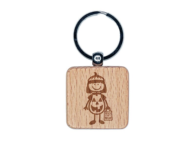 Stick Figure Girl Halloween Pumpkin Engraved Wood Square Keychain Tag ...