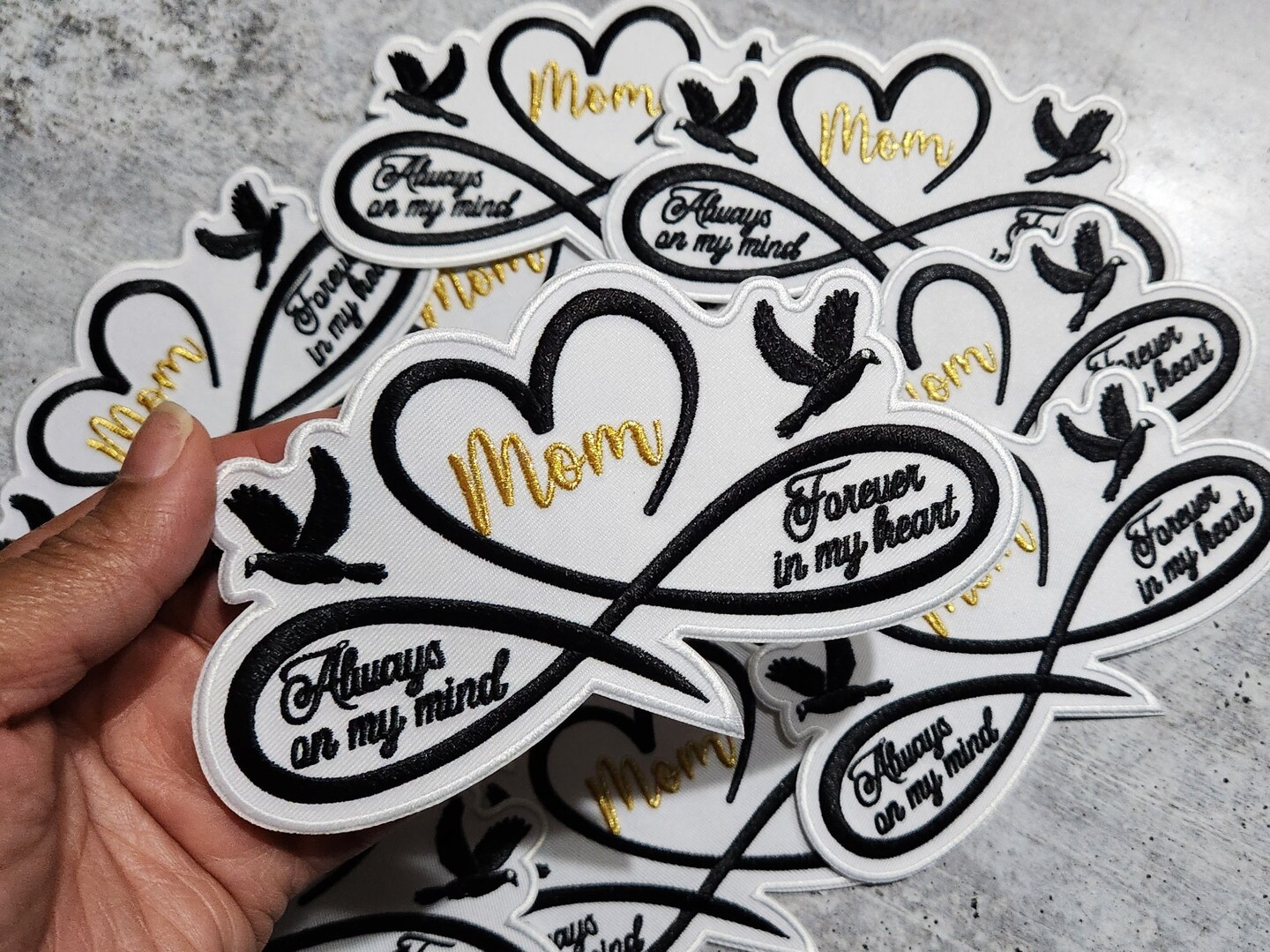 Memorial Infinity Collection: Patch Party Club, "MOM" Eternal Remembrance 1-pc, Iron-On Embroidered Patch, Sz 6", Tribute Honoring Loved One