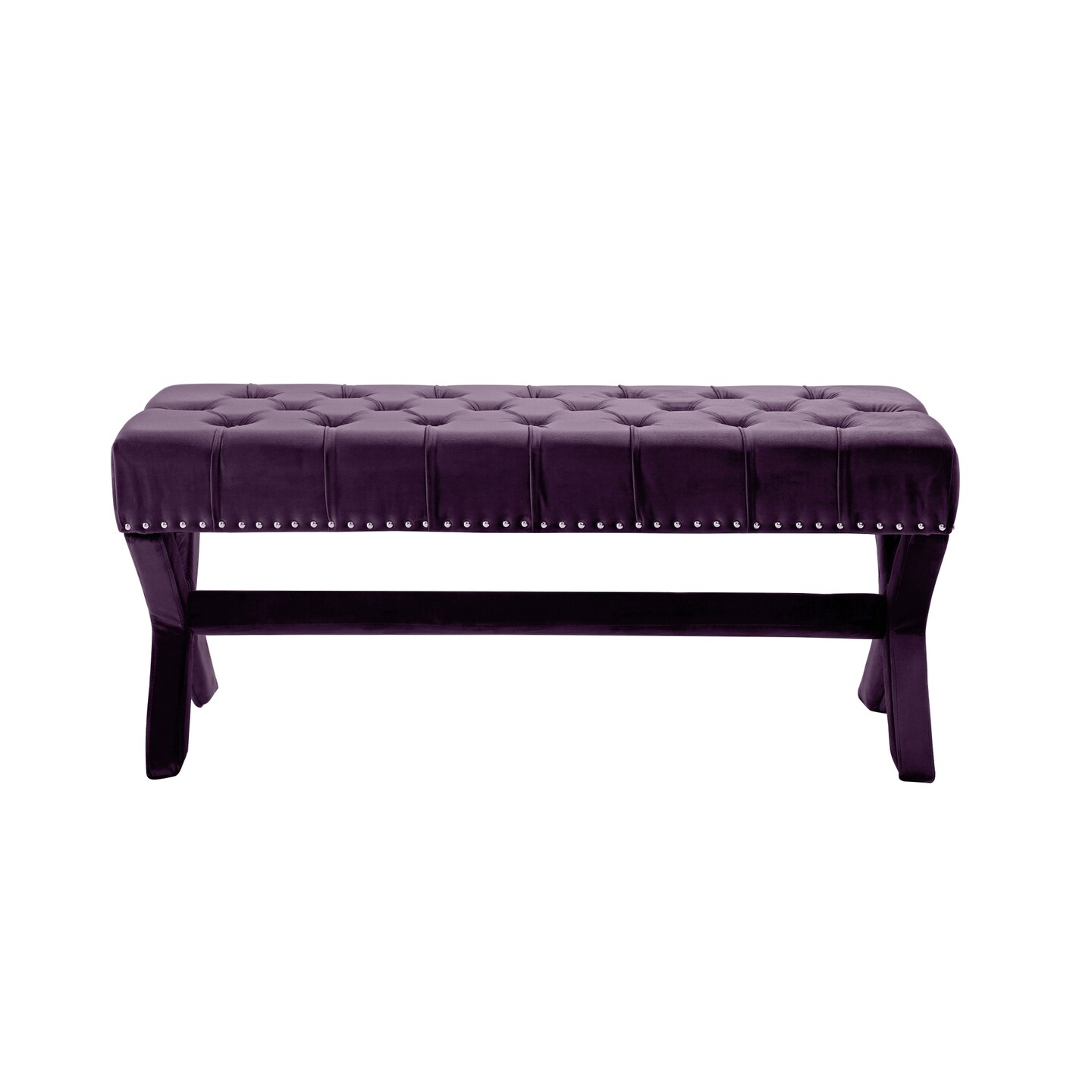 Bryoni Linen/Velvet Button Tufted Silver Nailhead Trim X-Leg Bench