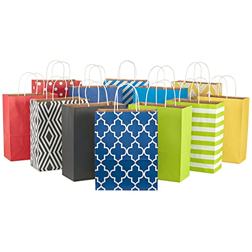 Hallmark 12&#x22; Large Paper Gift Bag Assortment, Pack of 12 in Blues, Red, Yellow, Black - Solids and Geometric Patterns for Birthdays, Father&#x27;s Day, Holidays and More