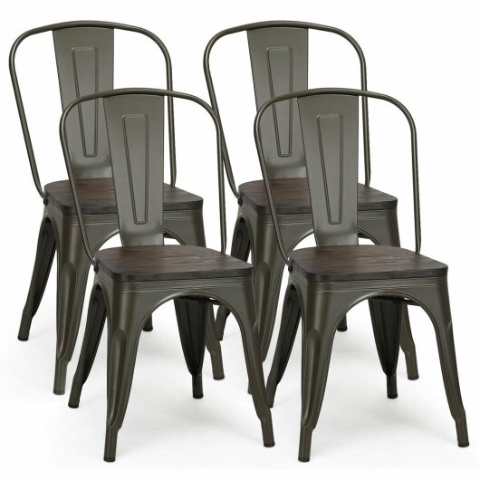 4 Pieces Metal Dining Chairs Stackable Wood Seat Industrial Kitchen Cafe