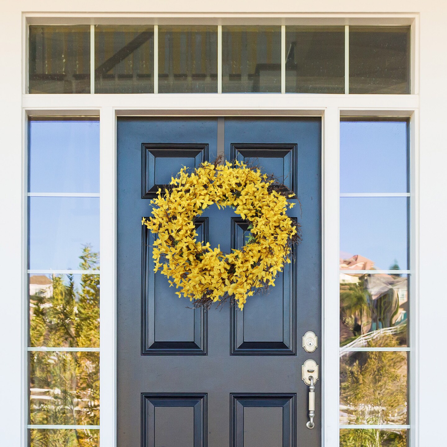Yellow Forsythia Wreath with Grapevine Ring & Realistic Silk Blooms, 22" Wide, UV Resistant