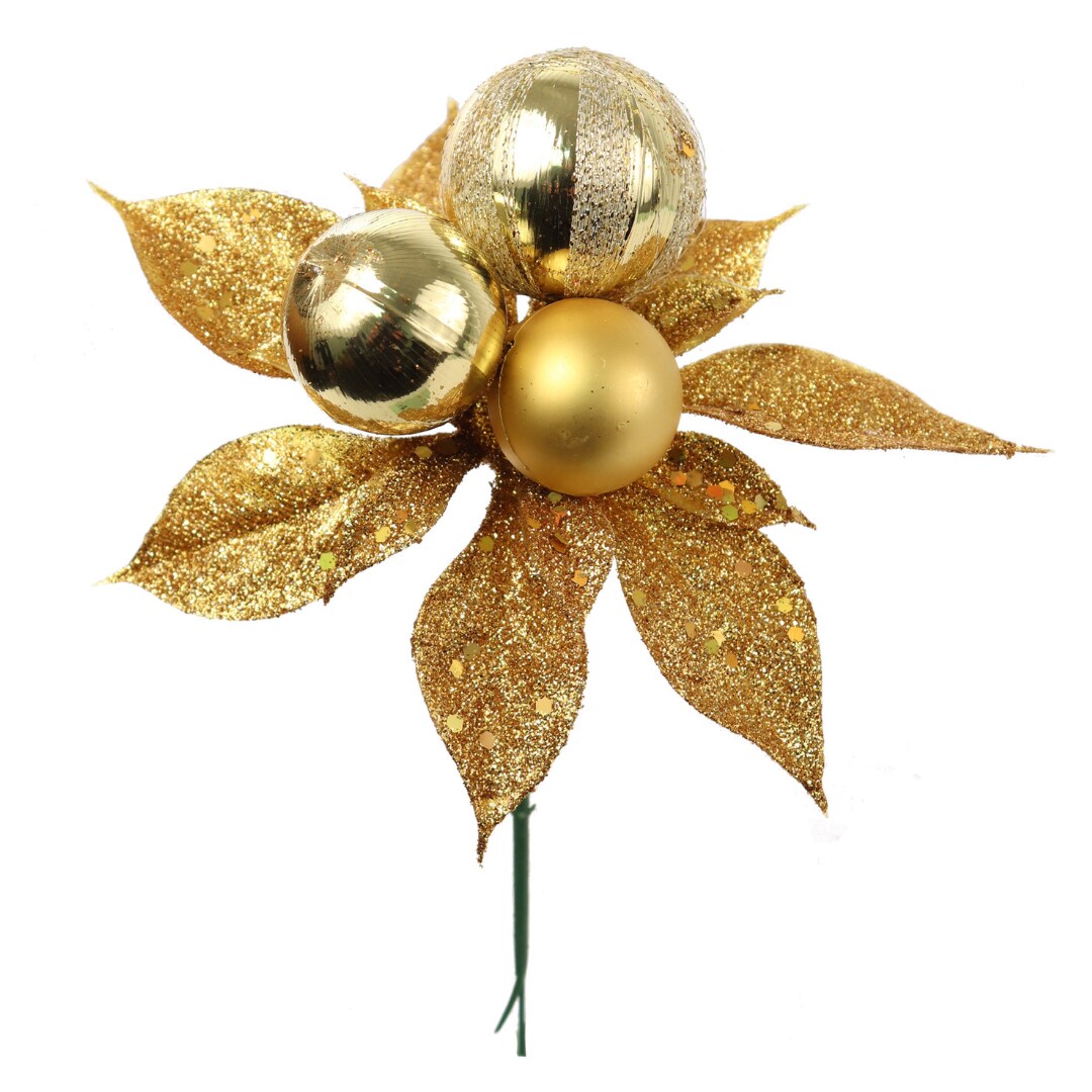 24-pack Golden Glitter Poinsettia Picks With 3 Ornament Balls 