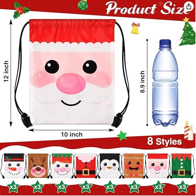 12 x 10 Inch Waterproof Gingerbread Man Santa Elk for Kids Gift Party 24 Pcs Christmas Drawstring Bag Bulk