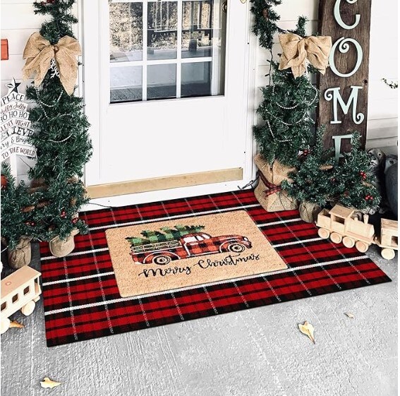 Outdoor Christmas Door Mat 24&#x22;X51&#x22;,Red/Black Buffalo Plaid Rug,Washable Cotton Hand-Woven Layered Door Mats,Reversible Outdoor Christmas Decoration for Front Porch,Entryway,Kitchen
