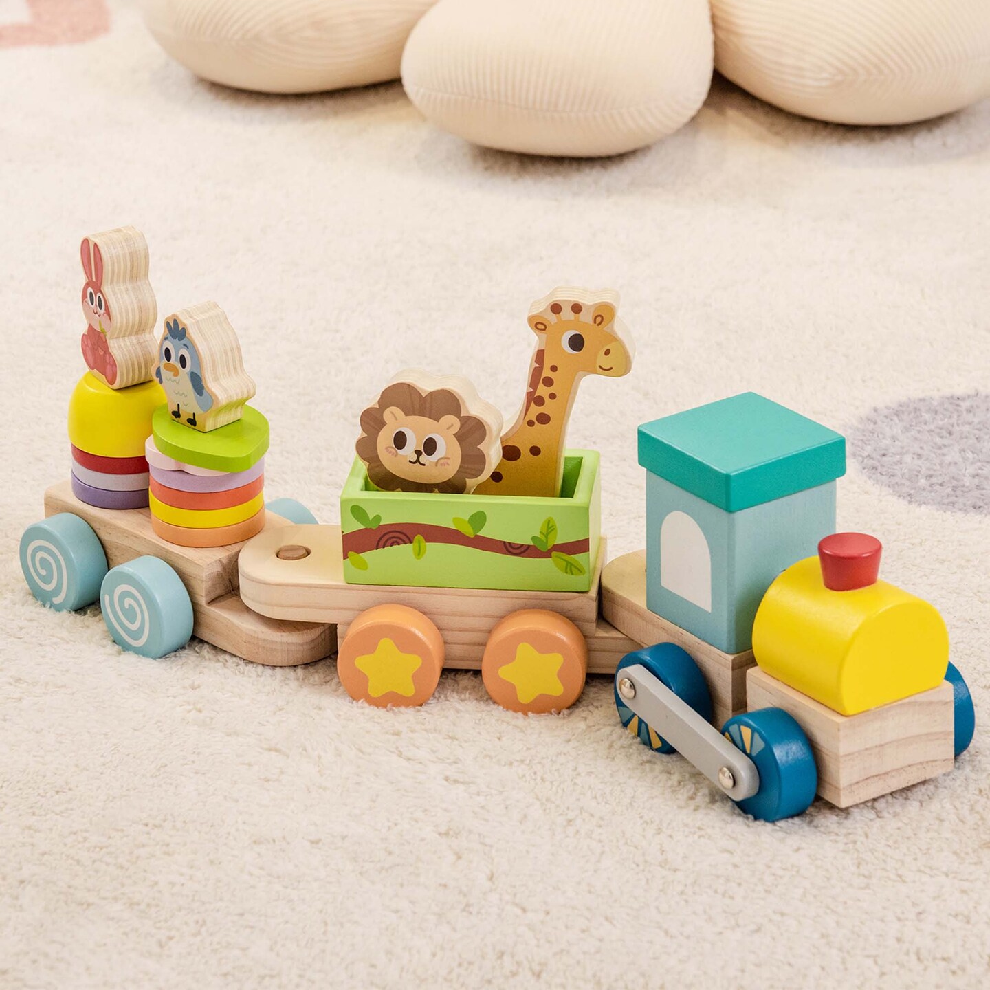 Costway Wooden Stackable Train Set Kids Educational Fun Cars with Animal Toys &#x26; Locomotive