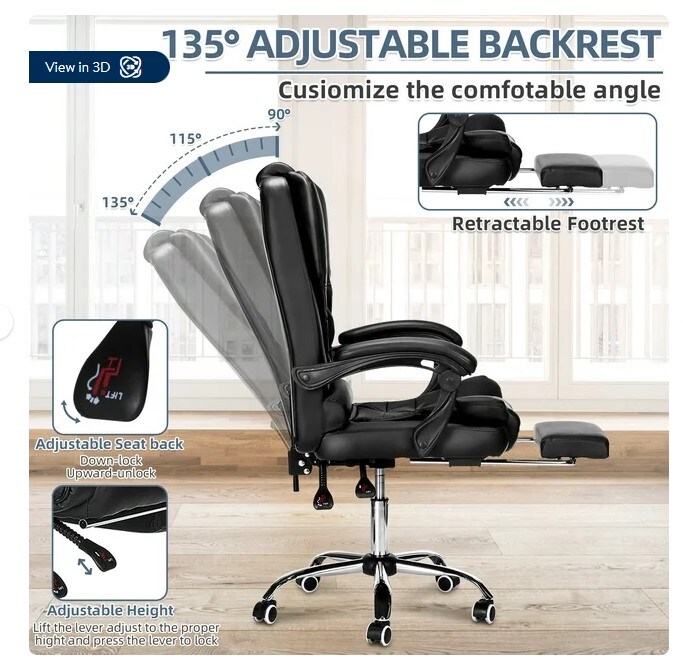 Large and tall executive leather chair with adjustable backrest and wheels for an ergonomic computer desk Black Footrest with Lumbar Support for Home Office