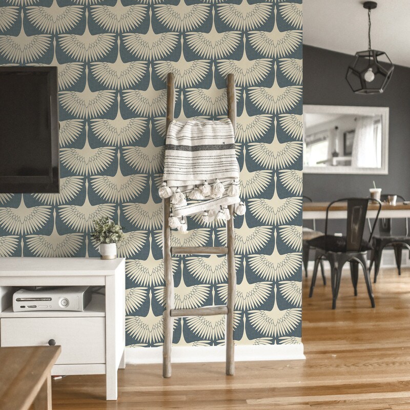 Tempaper &#x26; Co. x Genevieve Gorder Feather Flock Removable Peel and Stick Wallpaper, Denim Blue, 28 sq. ft.