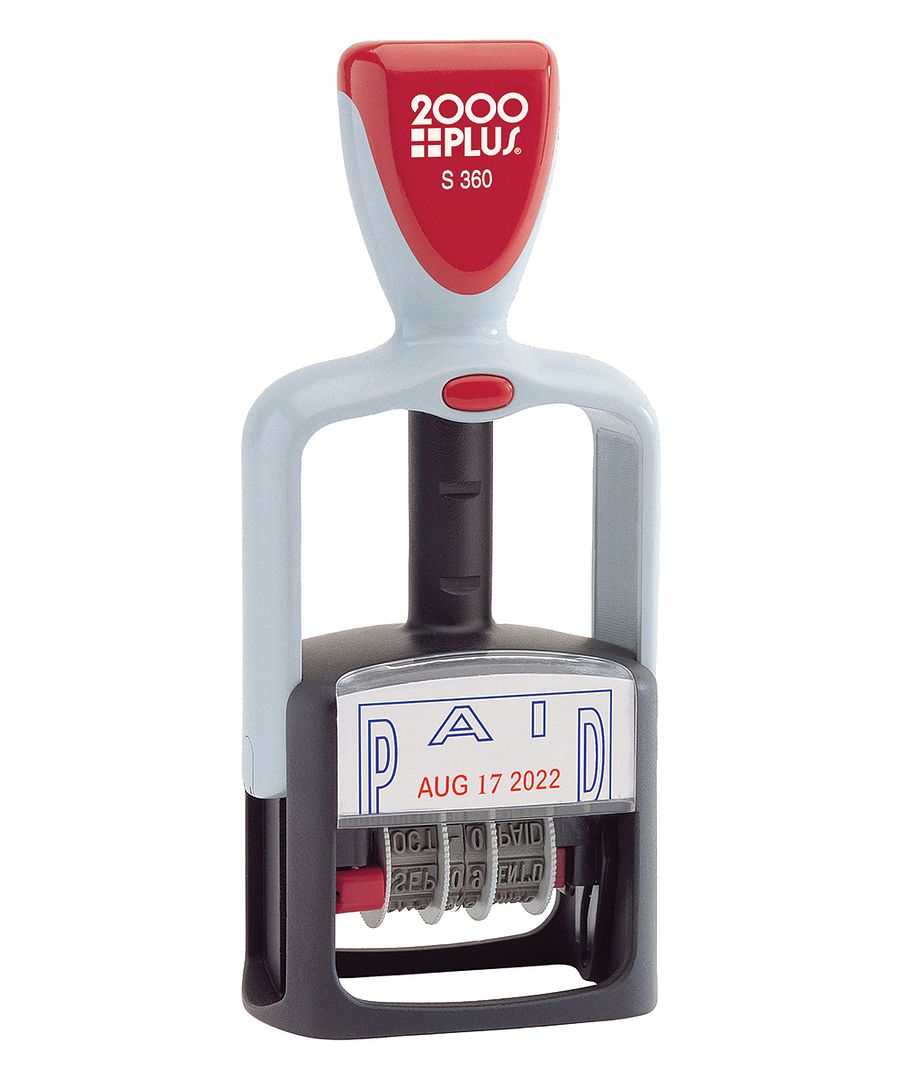2000 PLUS Date and Phrase Stamp with Band Shield, 2-Color, PAID, 1-1/4" x 1-13/16" Impression, Self-Inking, Red and Blue Ink