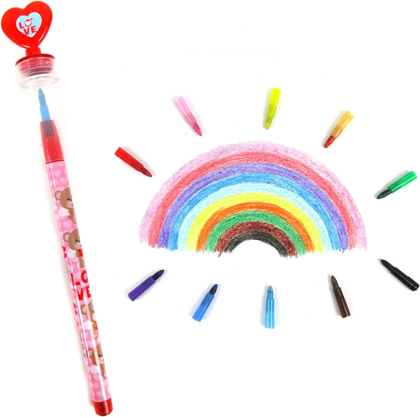TINYMILLS 24 Pcs Valentine's Day 2 in 1 Stackable Stacking Crayon with Extra Stamper Topper, Valentine's Day Party Favors, Goodie Bag Stuffers, Valentine's Day Classroom Exchange
