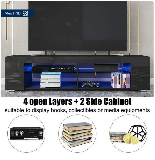 LED TV Stand TV Cabinet with Four Open Shelves and a Side Bookshelf for TVs up to 65&#x22; Contemporary Media Console Entertainment Centre for Television