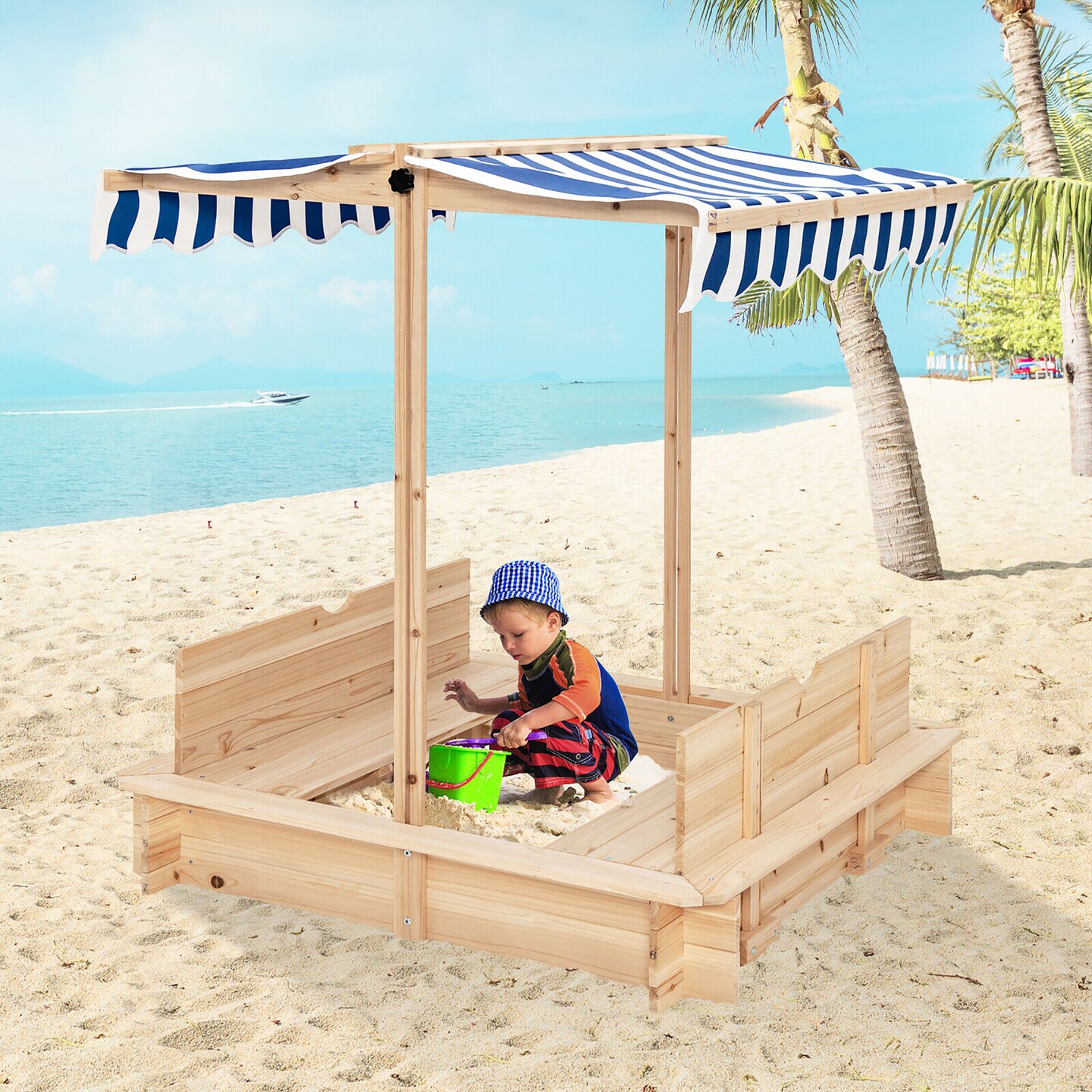 Kids Wooden Sandbox with Canopy and Foldable Bench Seats
