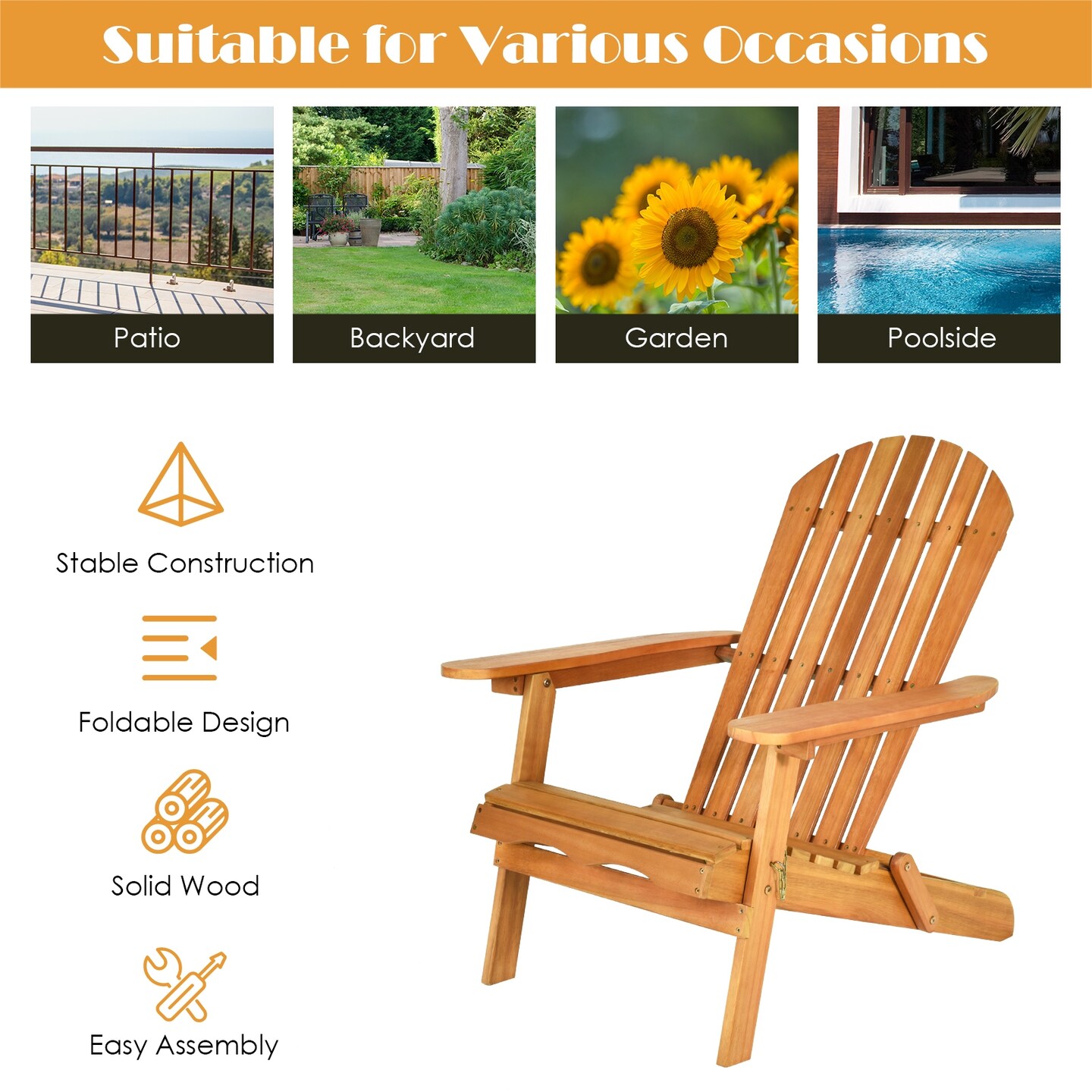 3 Pieces Fold-able Adirondack Chair Set with Widened Armrest