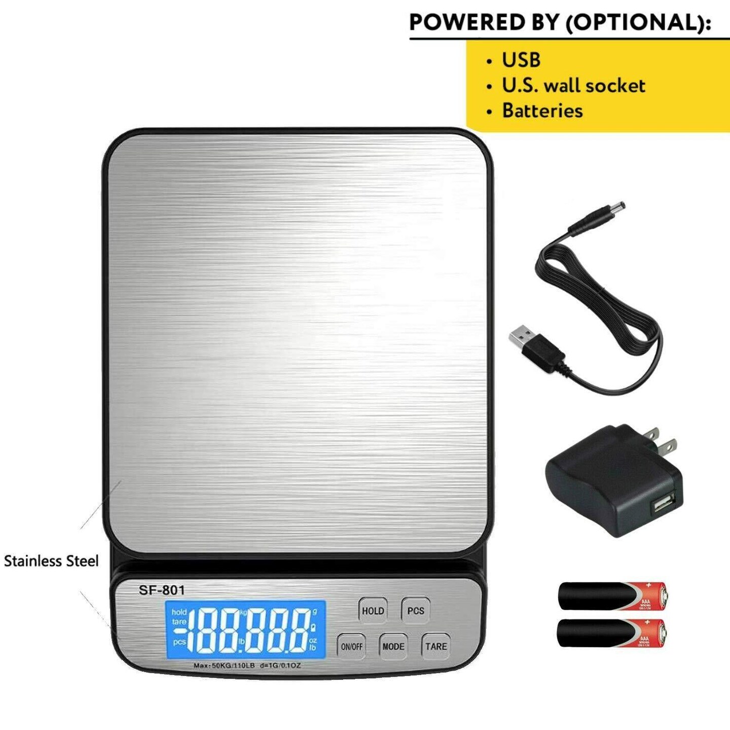 Shipping Scale for Packages 110 LB (50 KG) – Package Scale Postal Scale for Shipping Packages with Stainless Steel Platform Tare Hold Counting Function USB Cord and AC DC Adapter