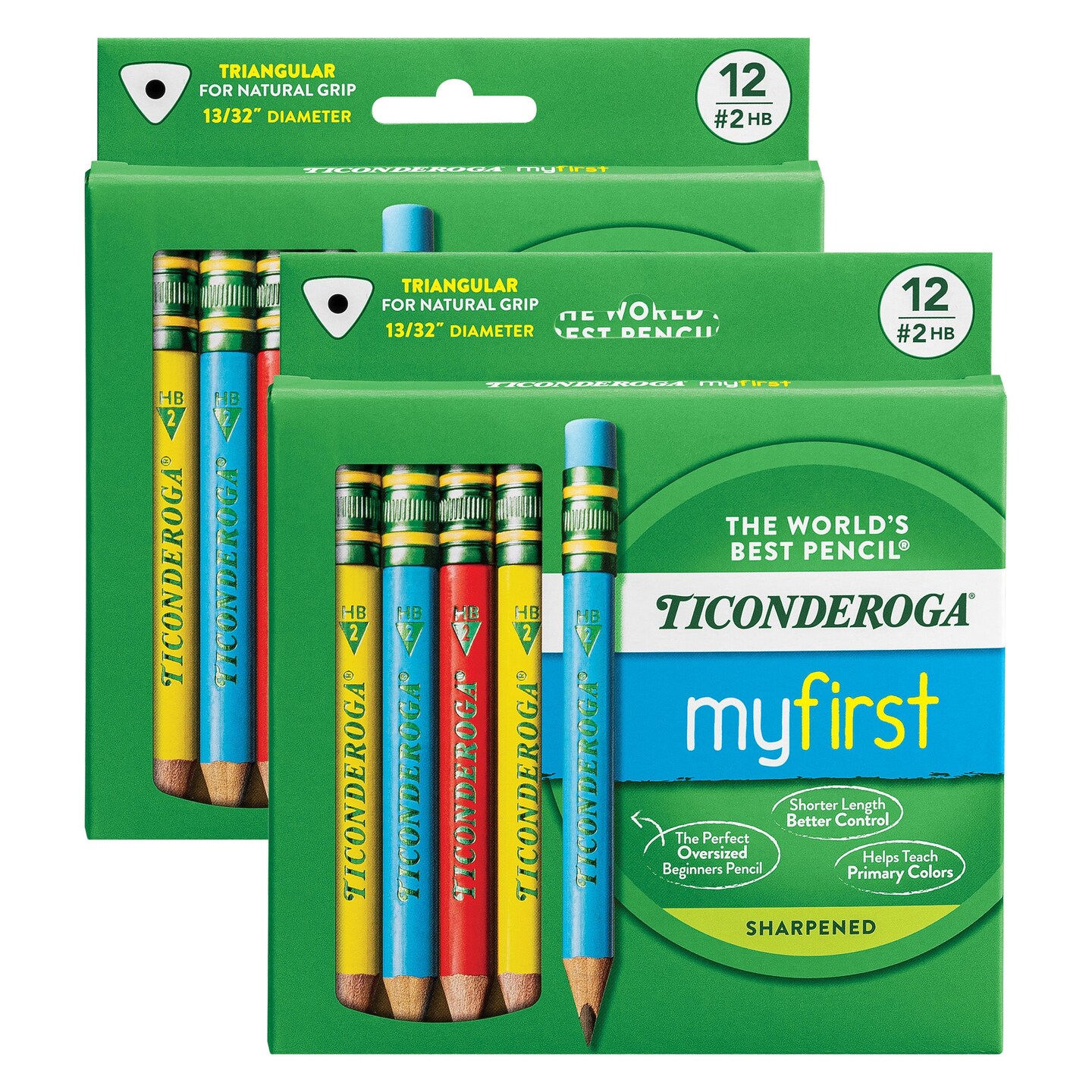 My First&#xAE; Short Wooden Pencils, Large Triangle Barrel, Sharpened, #2 HB Soft, With Eraser, Primary Colors, 12 Per Pack, 2 Packs