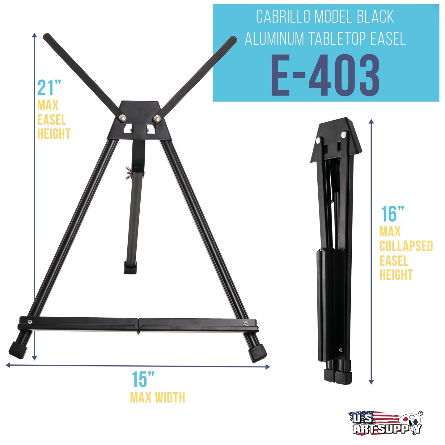 15&#x22; to 21&#x22; High Adjustable Black Aluminum Tabletop Display Easel with Extension Arm Wings - Portable Artist Tripod Folding Frame Stand - Holds Canvas