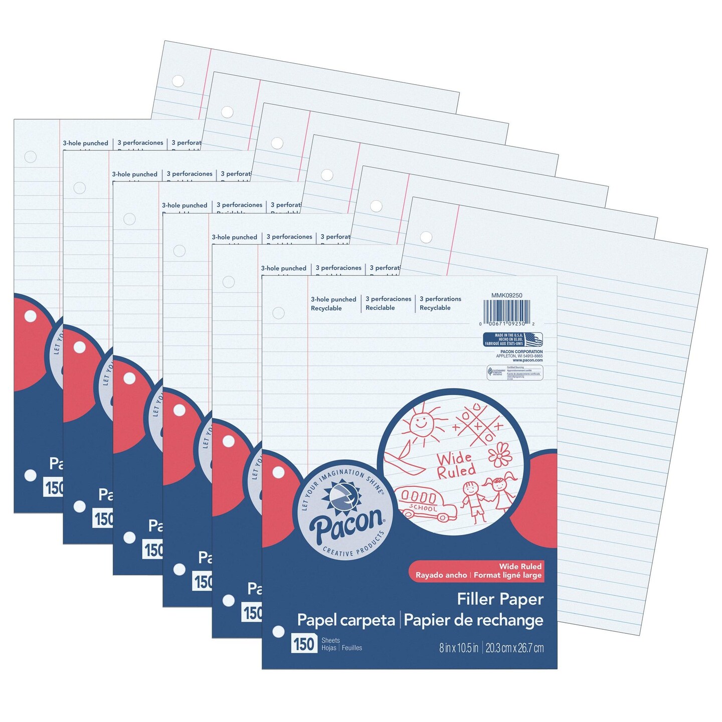 Filler Paper, White, 3-Hole Punched, Red Margin, 3/8&#x22; Ruled, 8&#x22; x 10-1/2&#x22;, 150 Sheets Per Pack, 6 Packs