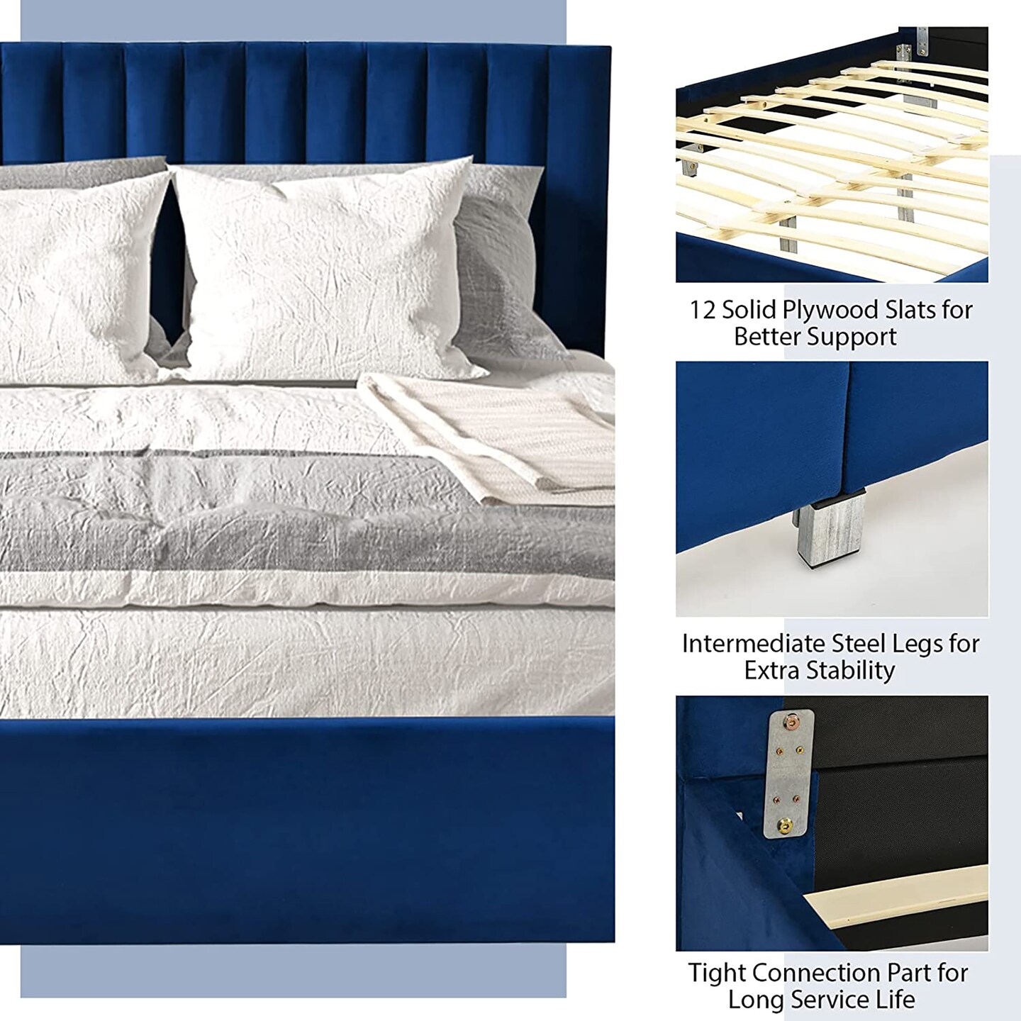 Costway Upholstered Bed Frame Full Size Modern Platform Bed with Vertical Channel Headboard No Box Spring Needed Navy/Grey