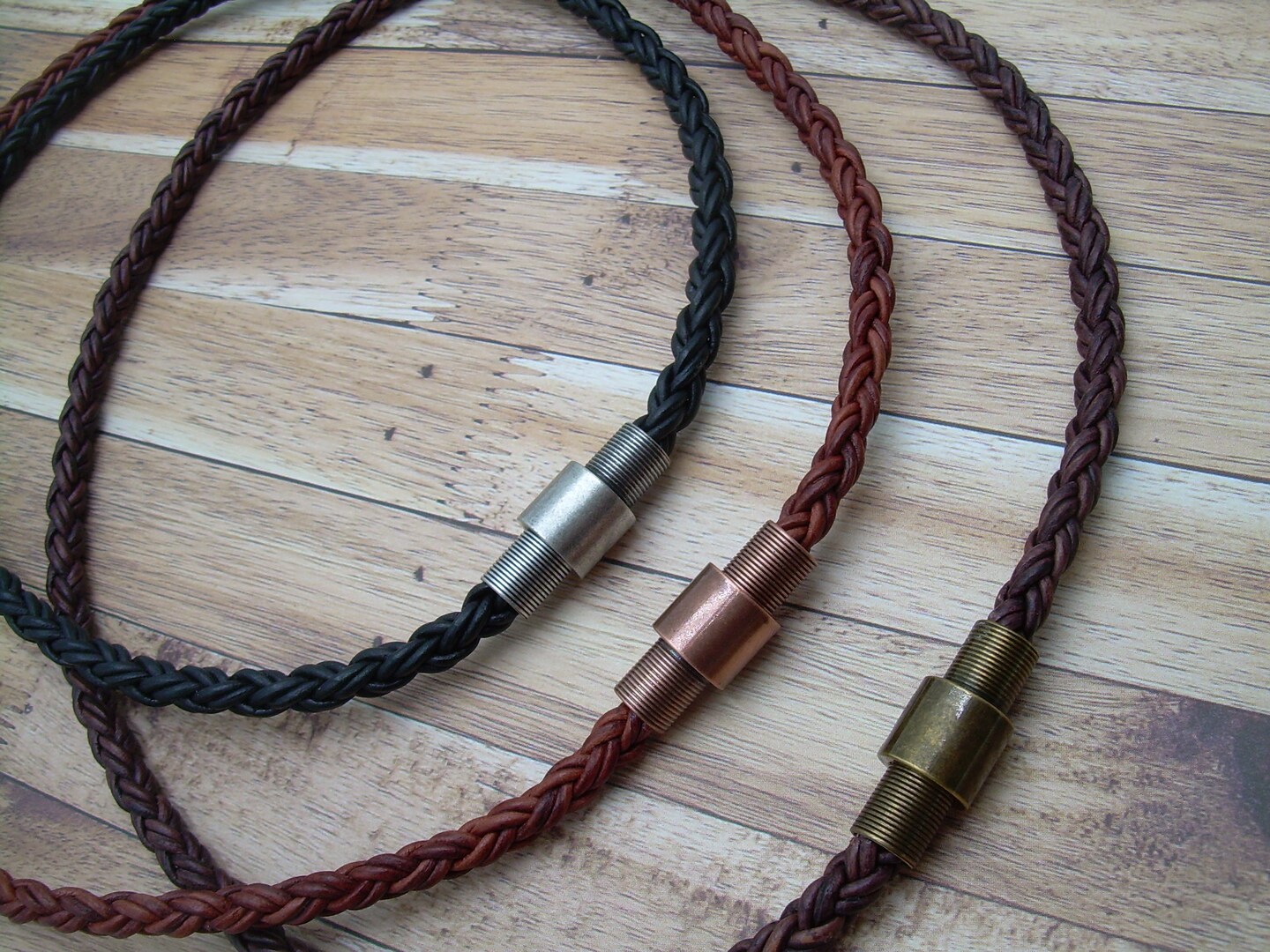 product name is Mens Necklace with Magnetic Clasp, Braided Leather Necklace,  Leather and Stainless Steel Necklace, Groomsmen Gift, Leather Anniversary Gift