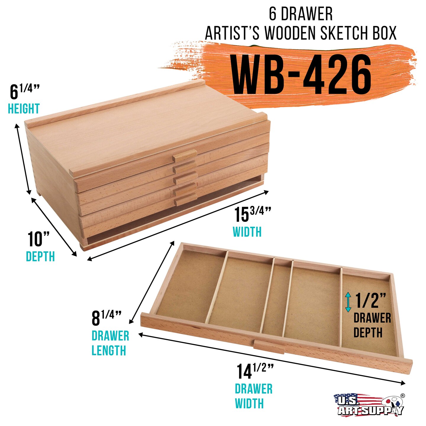6 Drawer Wood Artist Supply Storage Box - Pastels, Pencils, Pens, Markers, Brushes