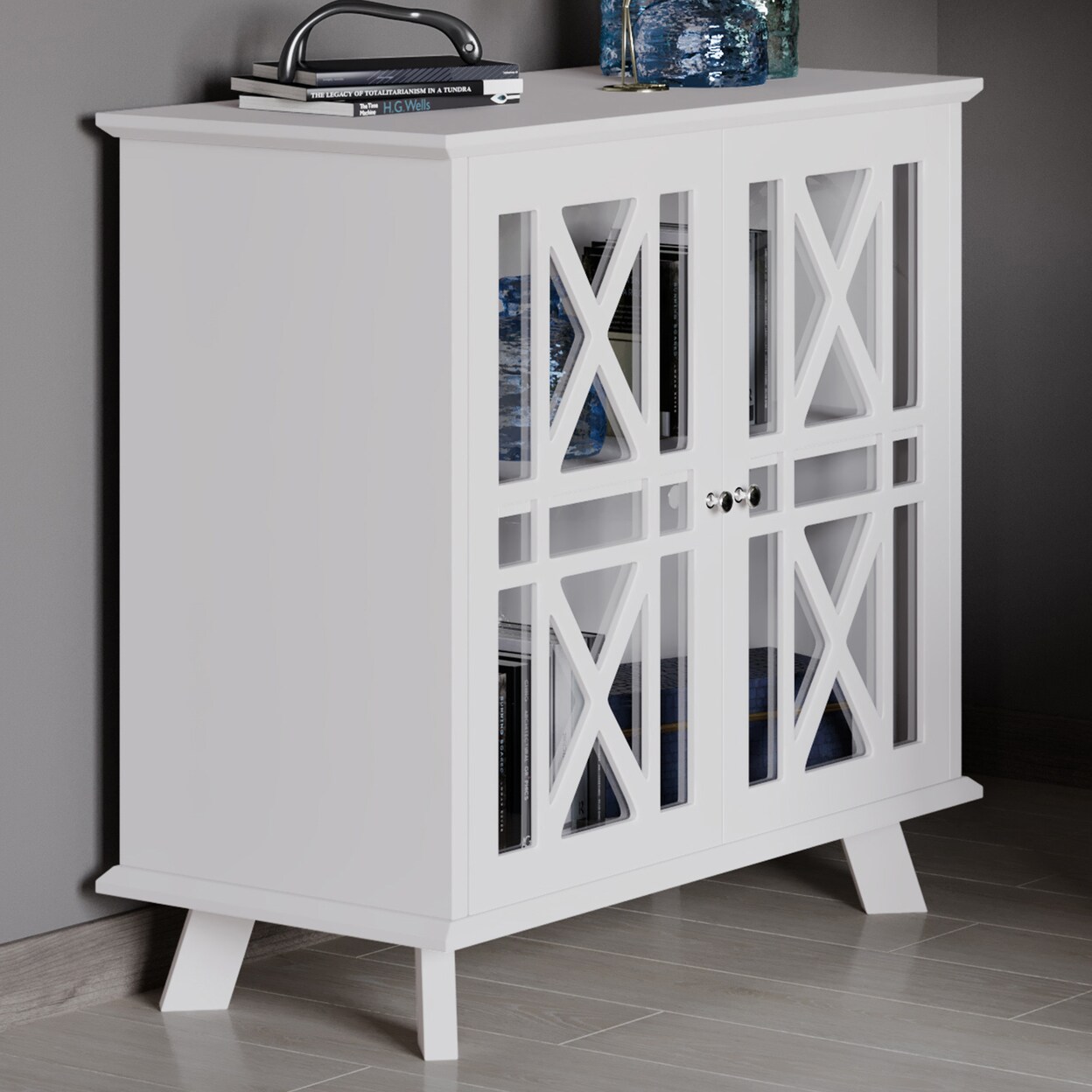 Lavish Home Buffet Cabinet with X-Pattern Doors Entryway Table with Glass Display Cabinet White