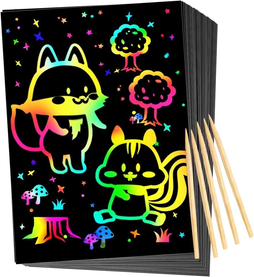 50Pcs Magic Scratch Paper Art Set For Kids Rainbow Crafts Drawing Pads DIY Gifts