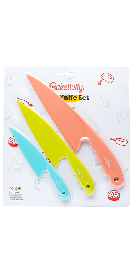 Baketivity 3 Piece Kids Knife Set | Plastic Kids Safe Knives for Kitchen | Dishwasher Safe, Kid Friendly Safe Knives Set for Cutting Fruits, Veggies