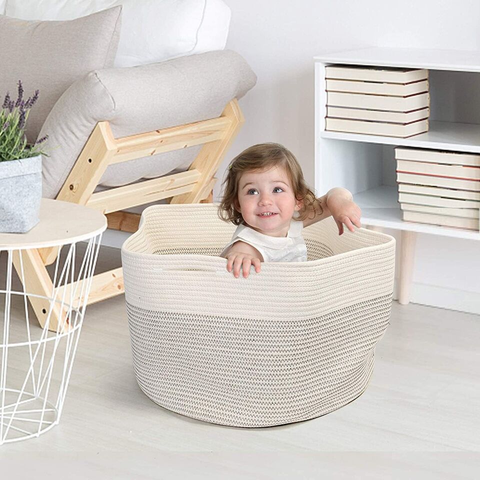 2Pcs Coiled Rope Storage Basket Woven Cotton Large Toy Laundry Bins Organizer