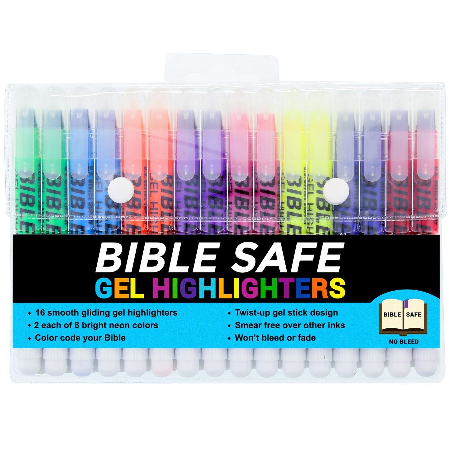 Bible Safe Gel Highlighters, Pack of 16 - 2 Sets of 8 Bright Neon Fluorescent Highlight Colors Yellow, Orange, Pink, Blue - Won&#x27;t Bleed, Fade or Smear