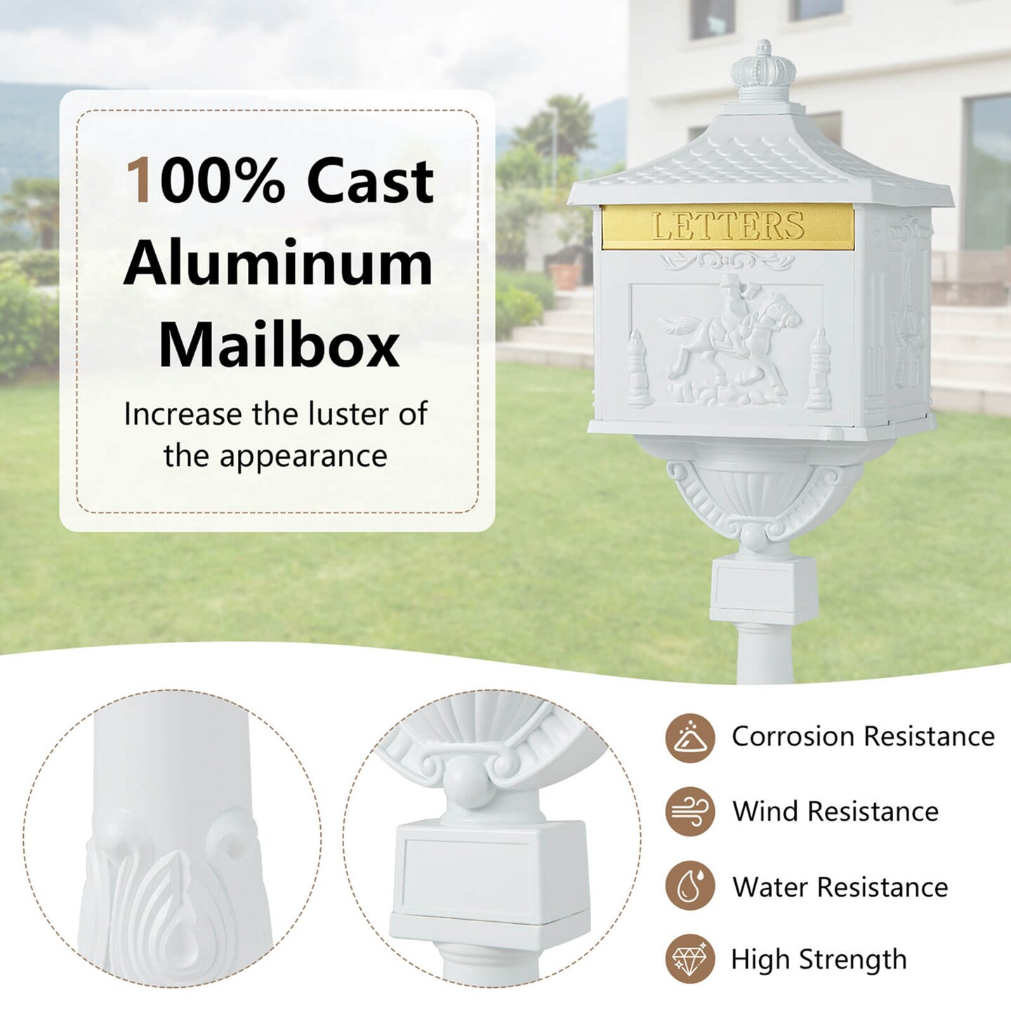 Costway Retro Cast Aluminum Mailbox Lockable Security Postal Letter Box withBaffle Door Bronze/Black/White