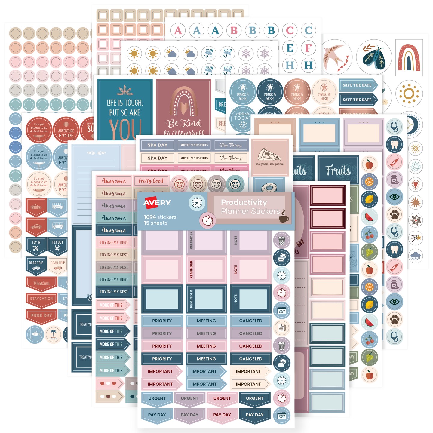 Avery Productivity Planner Sticker Pack with Calendar Stickers, Bullet Journaling Stickers, and Productivity Stickers for To-Dos, Meetings, Budget, and more, 15 Sheets, 1,094 Planner Stickers (6777)