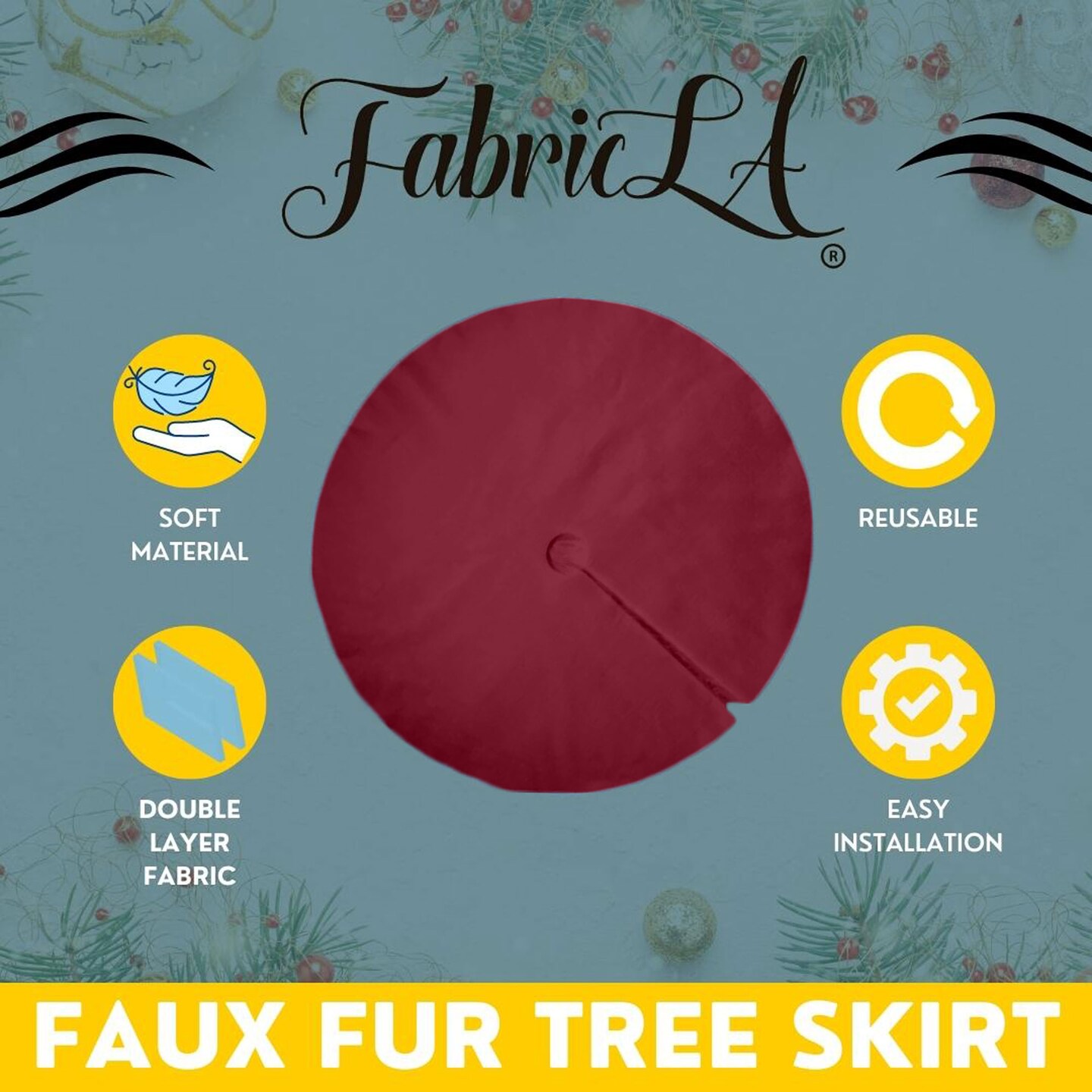 FabricLA 36&#x22; Burgundy Faux Fur Christmas Tree Skirt - Fluffy Plush Tree Skirt (91cm) for Holiday Decorations