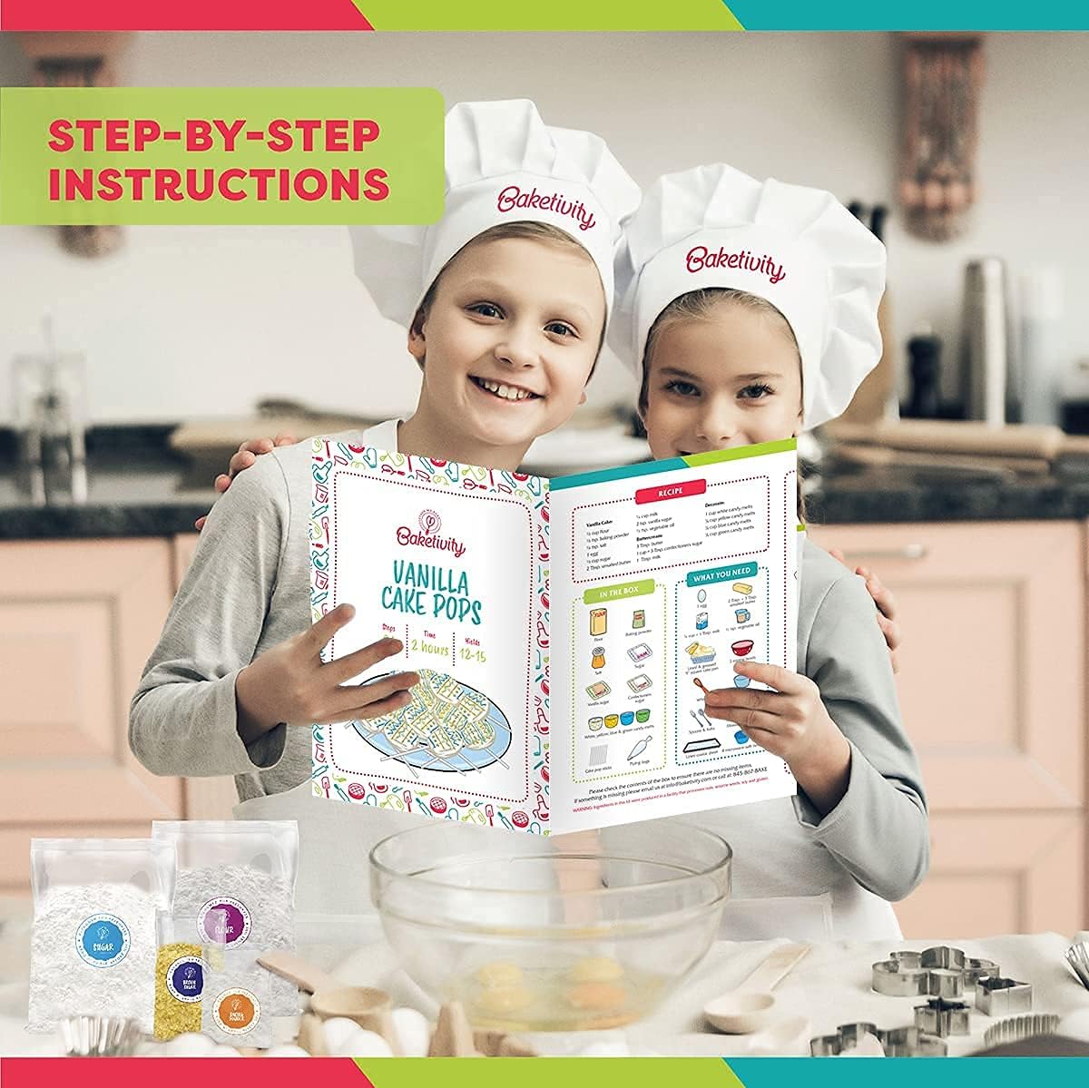 BAKETIVITY Kids Baking DIY Activity Kit - Bake Delicious Vanilla Cake Pops with Pre-Measured Ingredients