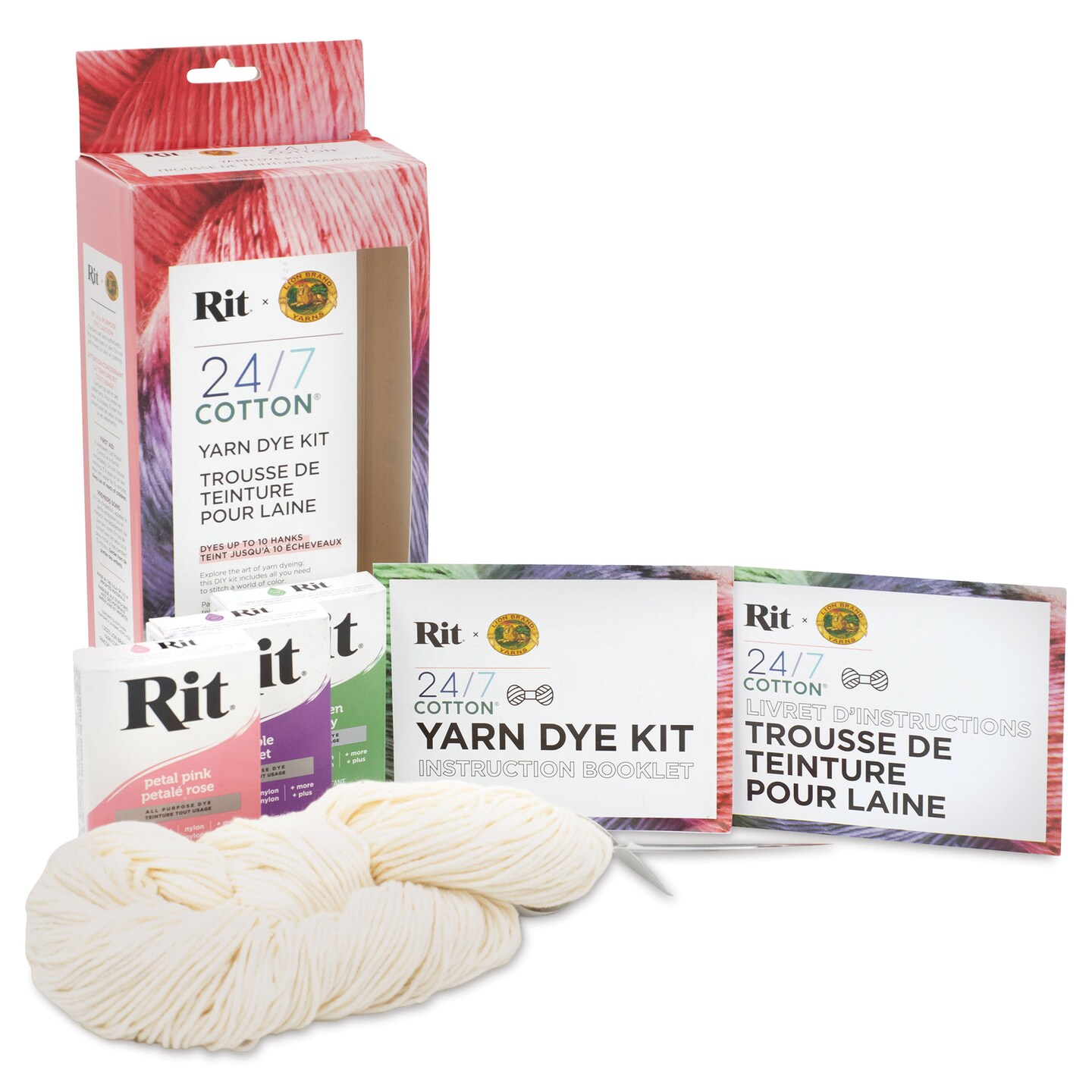 Lion Brand x Rit 24/7 Cotton Yarn Dye Kit - Petal Pink, Purple, and Kelly Green