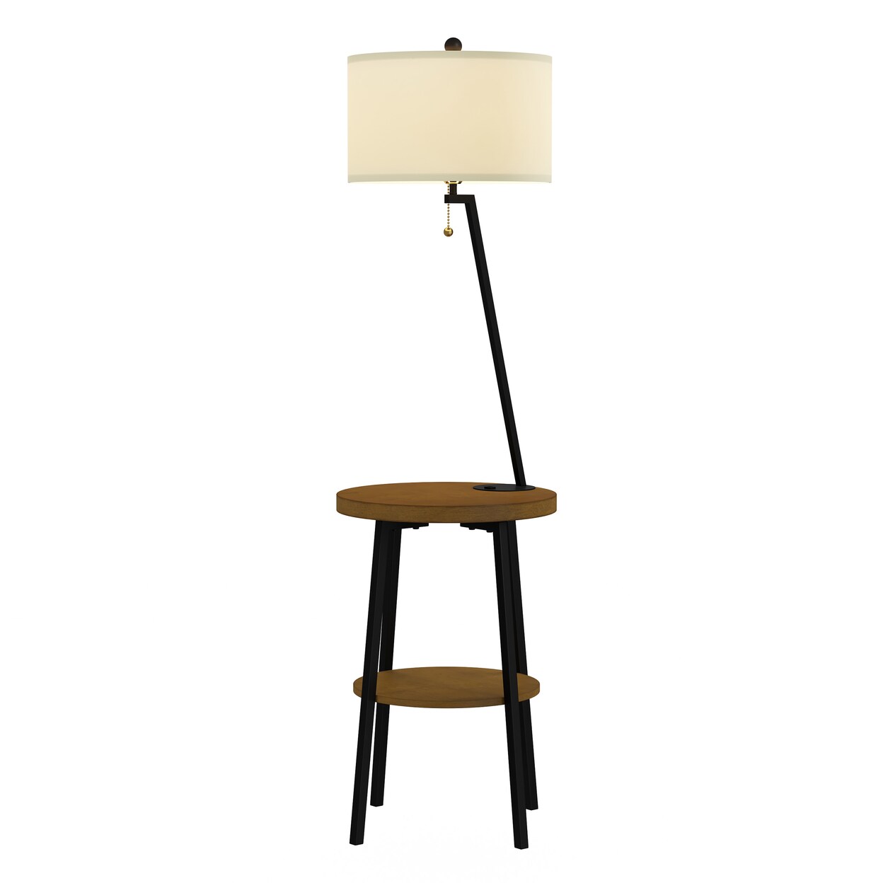 2 Shelf Floor Lamp End Table With Usb Charging Port Metal Legs Off-White Shade