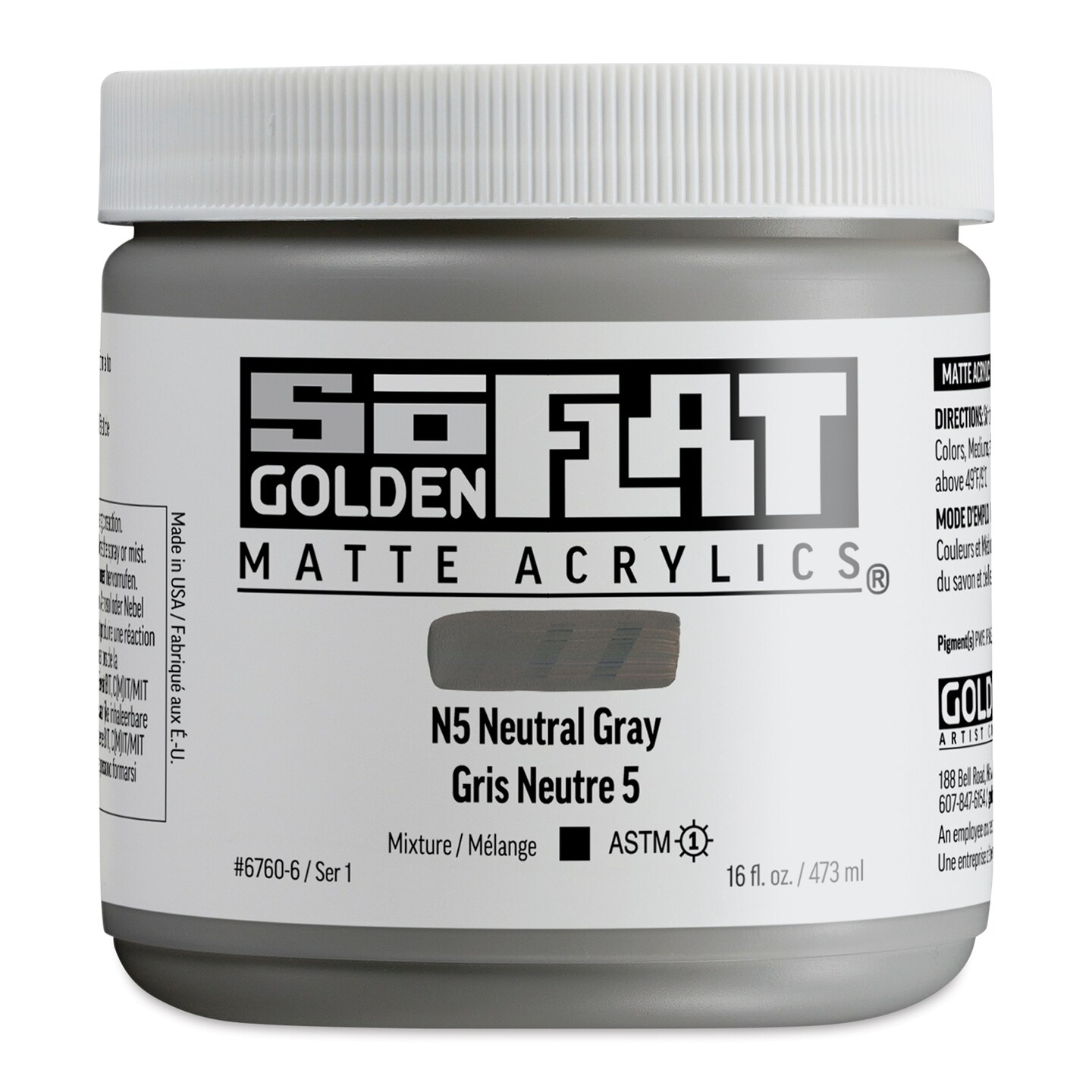 Golden SoFlat Matte Acrylic Paint - N5 Neutral Gray, 473 ml, Jar