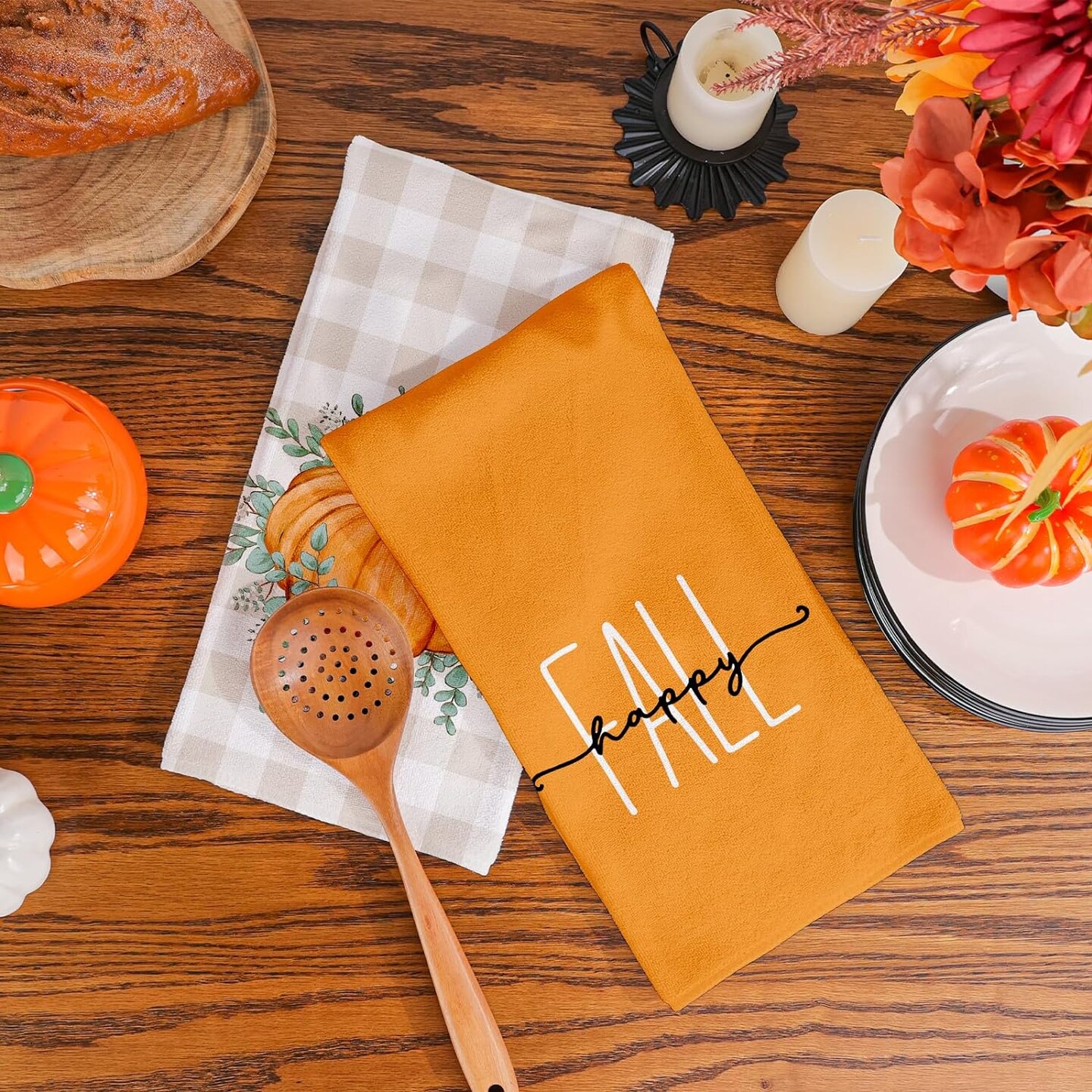 Happy Fall Pumpkin Dish Towels: Seasonal Kitchen Decor Set