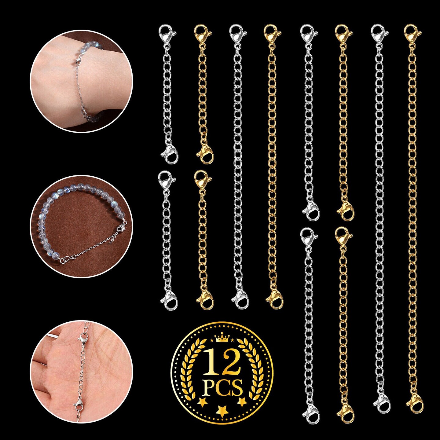 12X Extender Safety Chain Jewelry Necklace Bracelet Lobster Lock Stainless Steel
