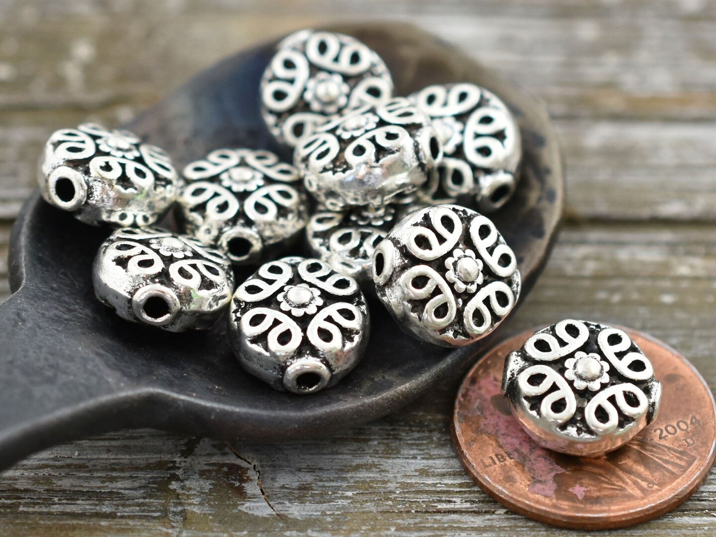 *50* 10mm Antique Silver Ornate Coin Spacer Beads