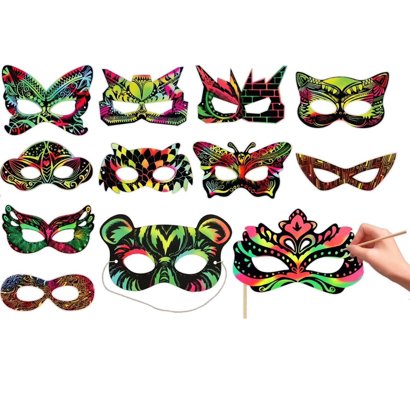 24 Sets Rainbow Scratch Art Superhero Masks Costume Party Favor Kids Craft