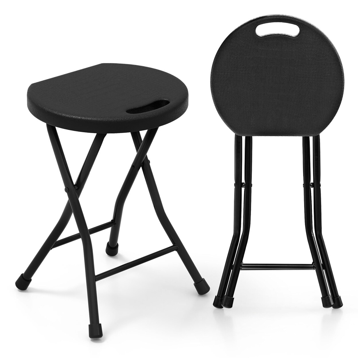 Gymax Set of 2 Outdoor Folding Stool Portable Space-Saving Round X Shaped Chair Black