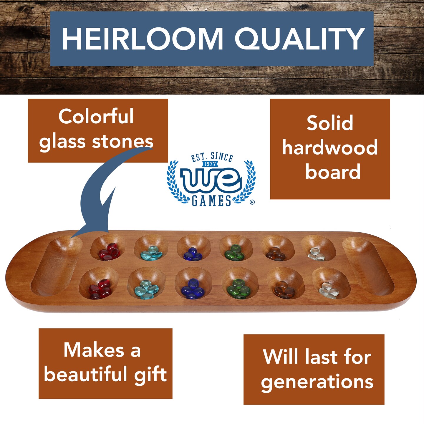 WE Games Solid Wood Mancala Board Game with Walnut Stain - 22 in.