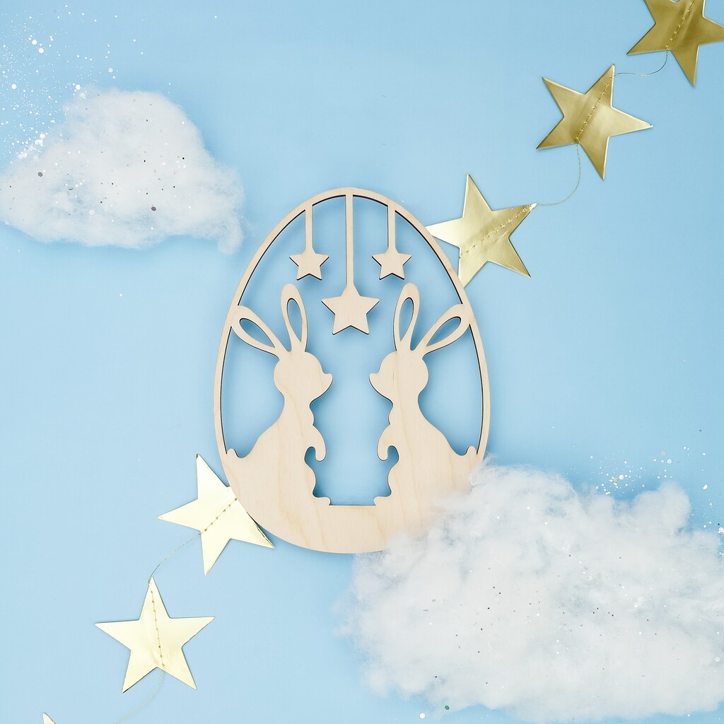 Wood Egg Cutout w/ Bunnies & Stars 3"-24”, 1/8" Thick |Woodpeckers