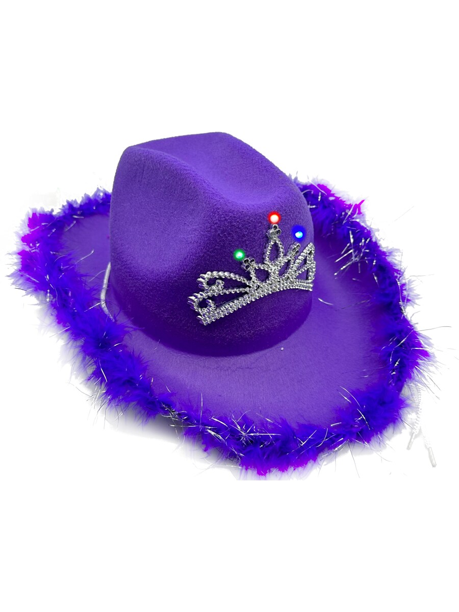 Adult&#x27;s Purple Cowboy Hat With Light Up Tiara And Feather Trim