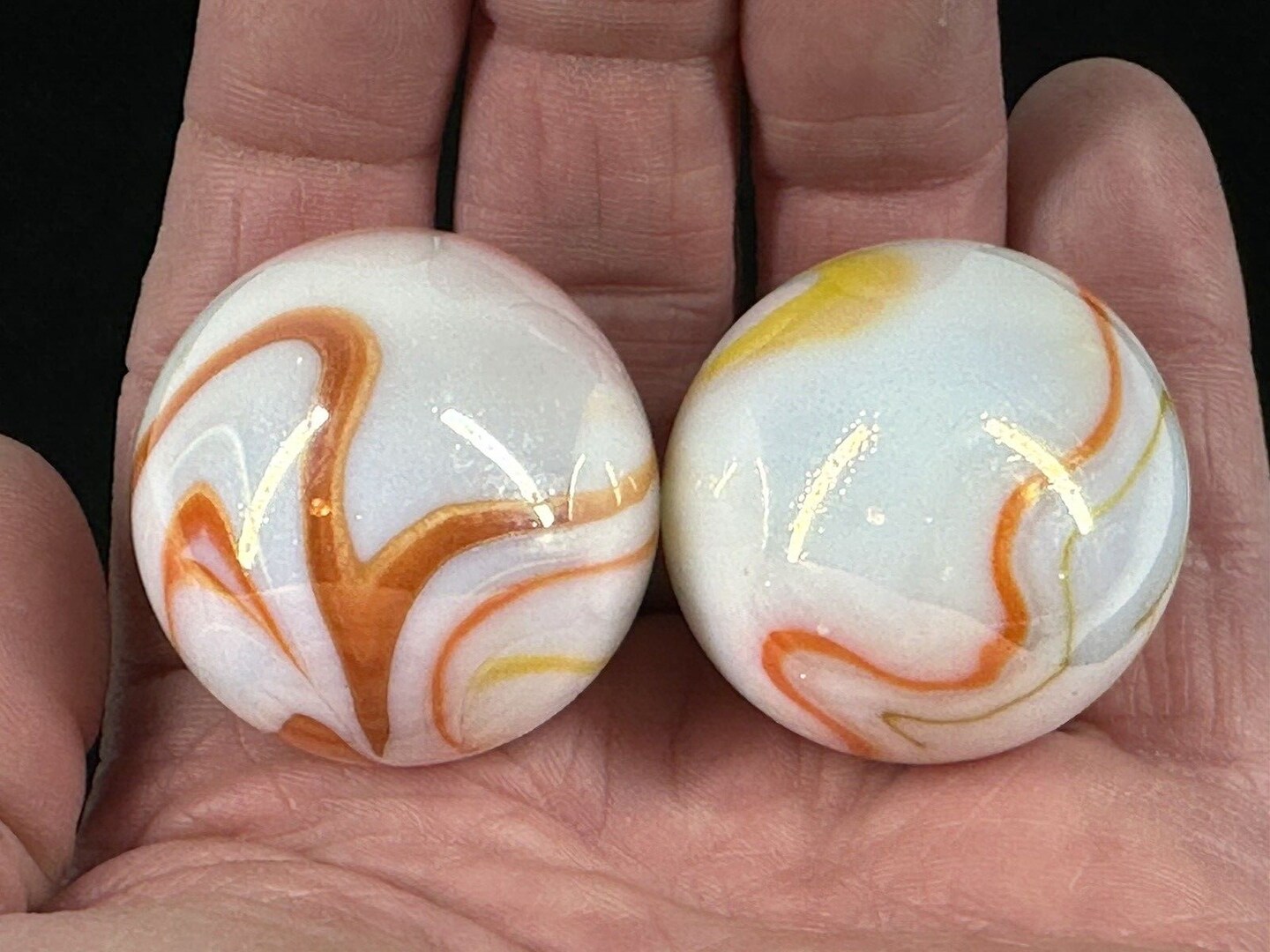 2 BOULDERS 35mm GELATO Marbles Glass White Yellow Orange Iridescent LARGE Swirl